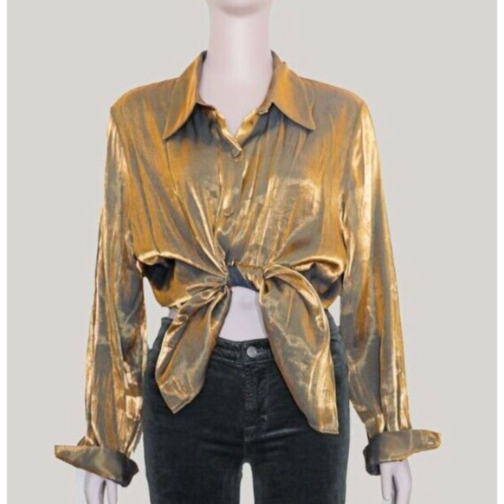 Gold Metallic Shimmer Button Down Blouse Long Sleeve Party Glam Womens Size XL